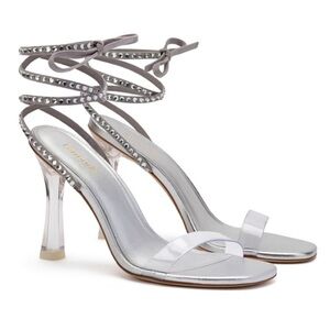 LARROUDE Gloria Disco Heels Sandals Ankle Wrap Silver Metallic Acrylic Heels NEW